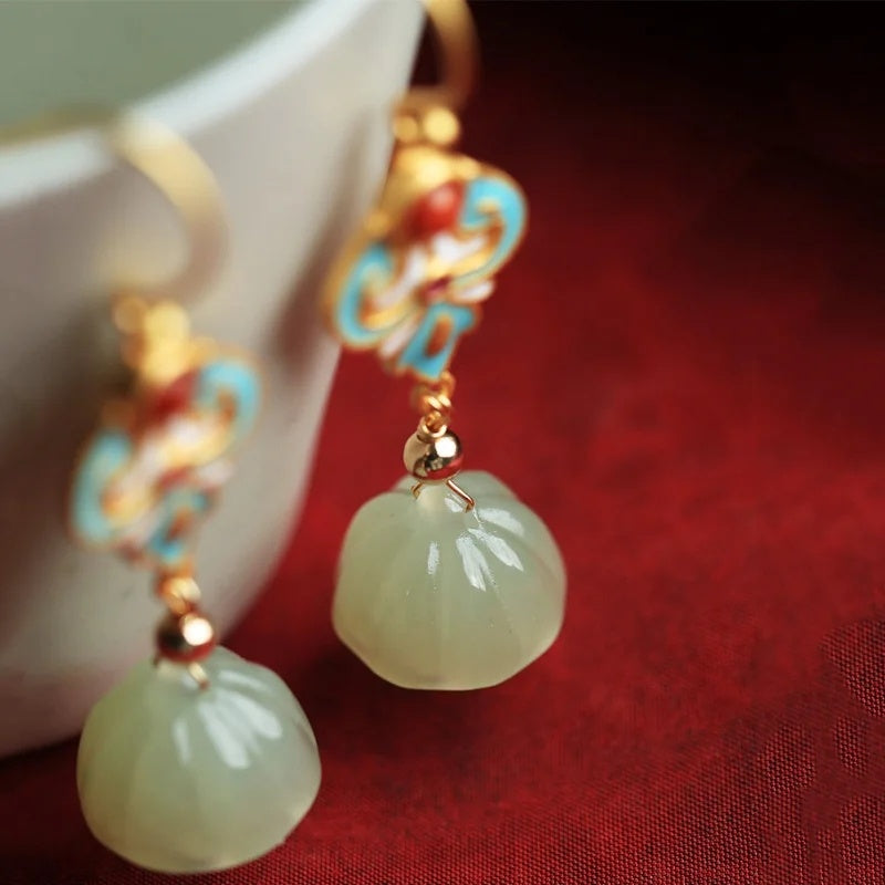 Sterling Silver Ancient Gold Hetian Jade Lotus Seedpod Enamel Women's Court Retro Temperamental Earrings