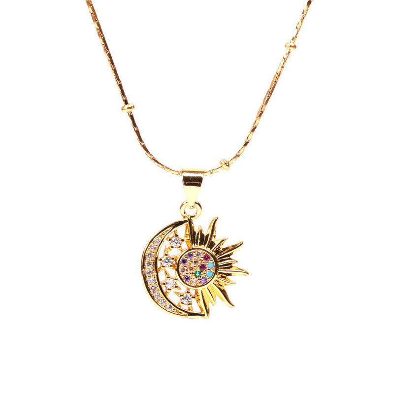 Micro Diamond Moon Sun Pendant Necklace