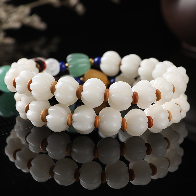White Bodhi Root Carved Pumpkin Bead Jade Lotus Wenju Bracelet