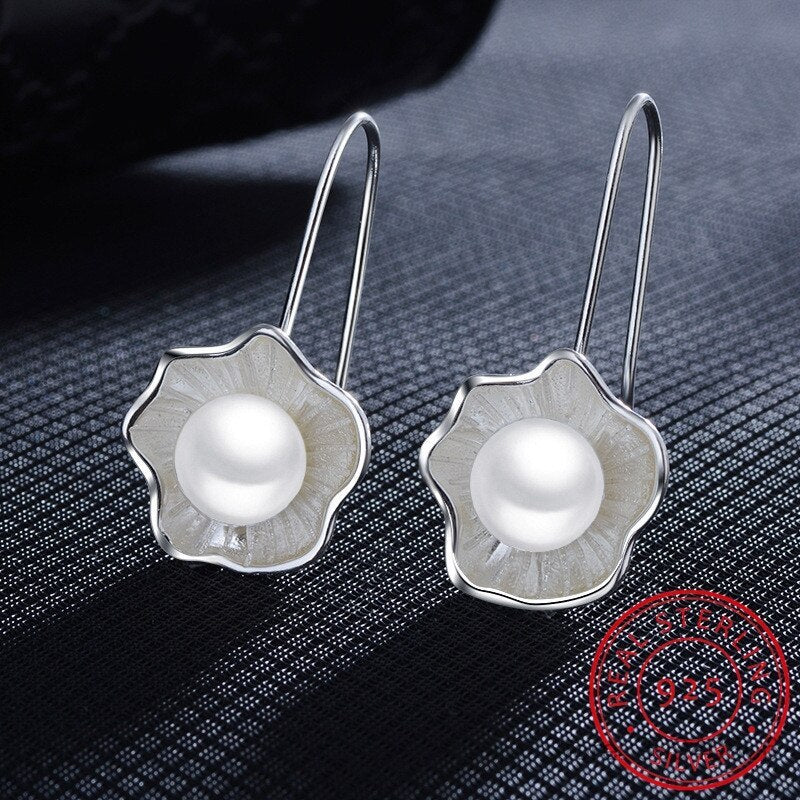 Ladies Silver Pearl Lotus Earrings