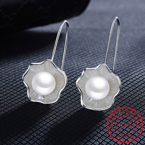 Ladies Silver Pearl Lotus Earrings