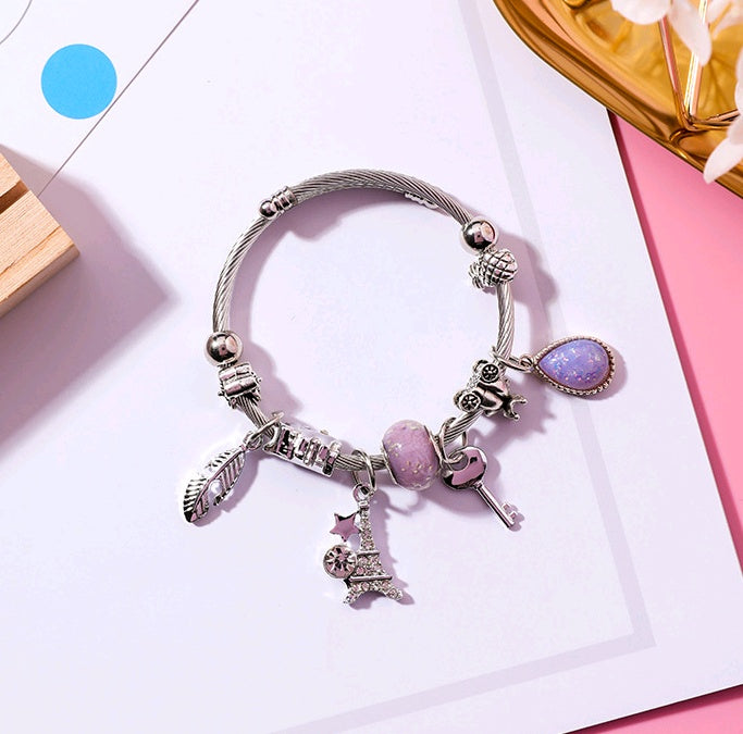 Feather Tower Adjustable Bracelet Crystal DIY Stainless Steel Bracelet National Wind Key Beaded Bracelet Women