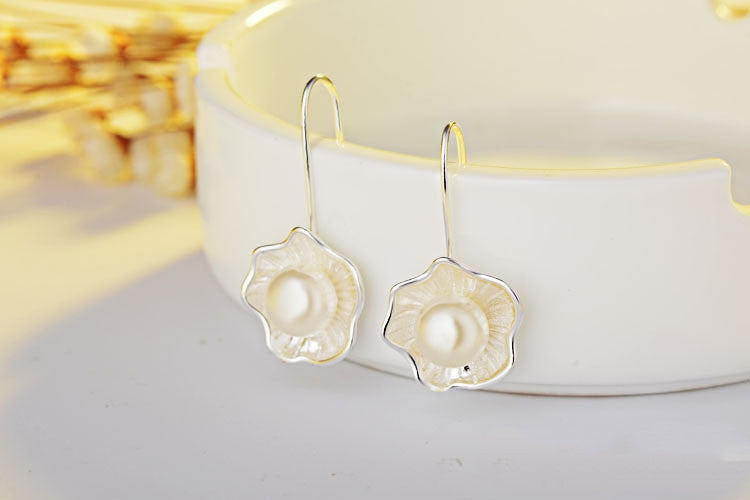 Ladies Silver Pearl Lotus Earrings