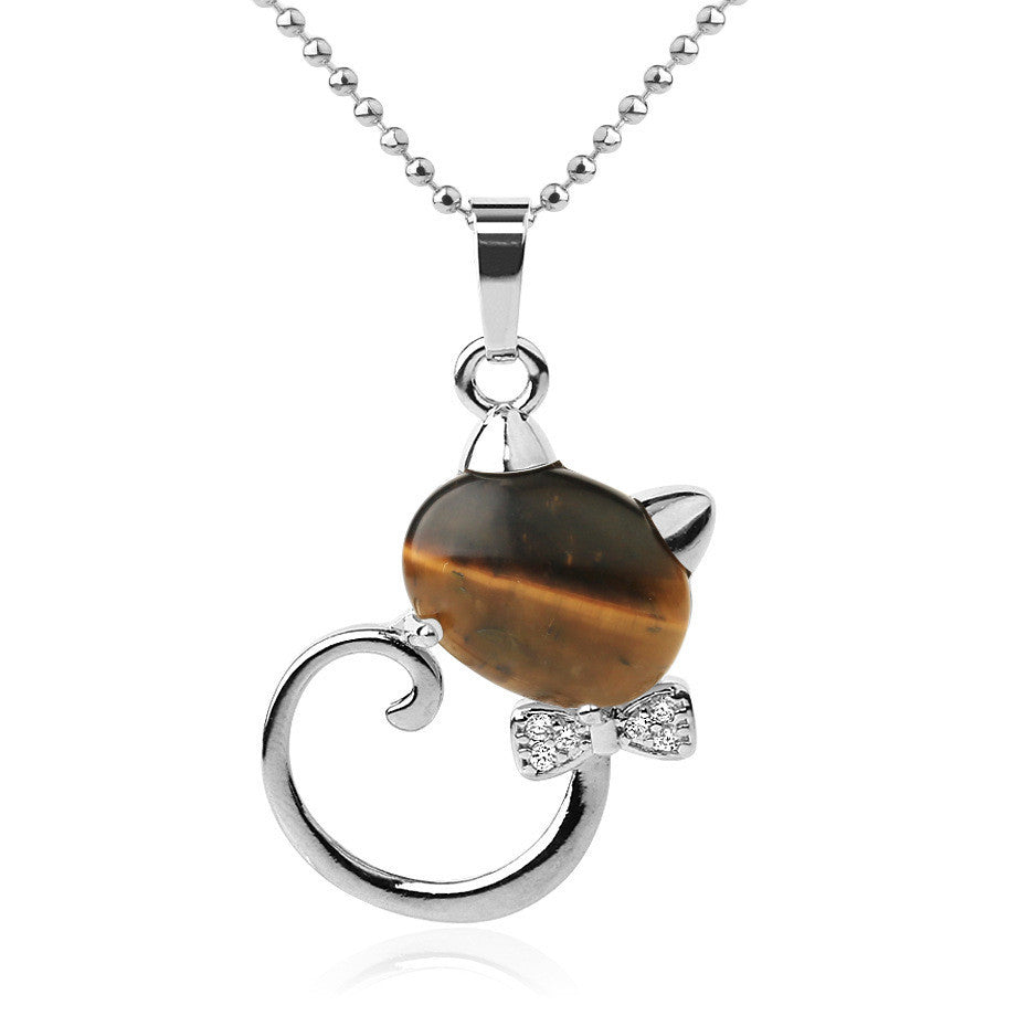 CSJA Animal Pendant Necklaces Natural Stone Cat Head Bow-knot Zircon CZ Silver Color Pendants Trendy Jewelry for Women Girl G538