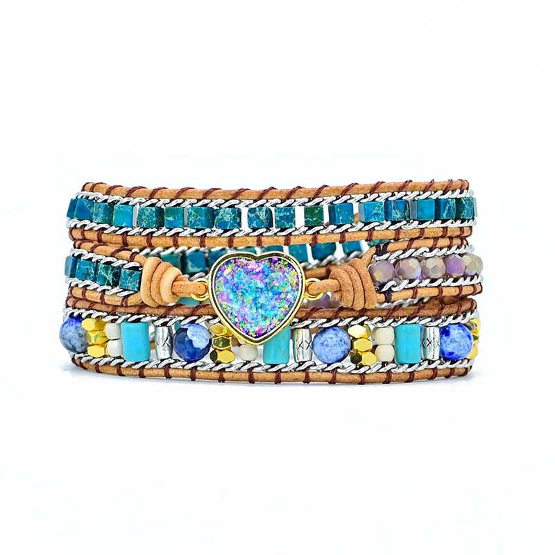 Color Blue Opal Leather Braided Bracelet