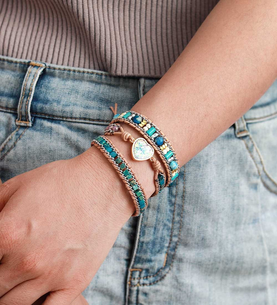 Color Blue Opal Leather Braided Bracelet