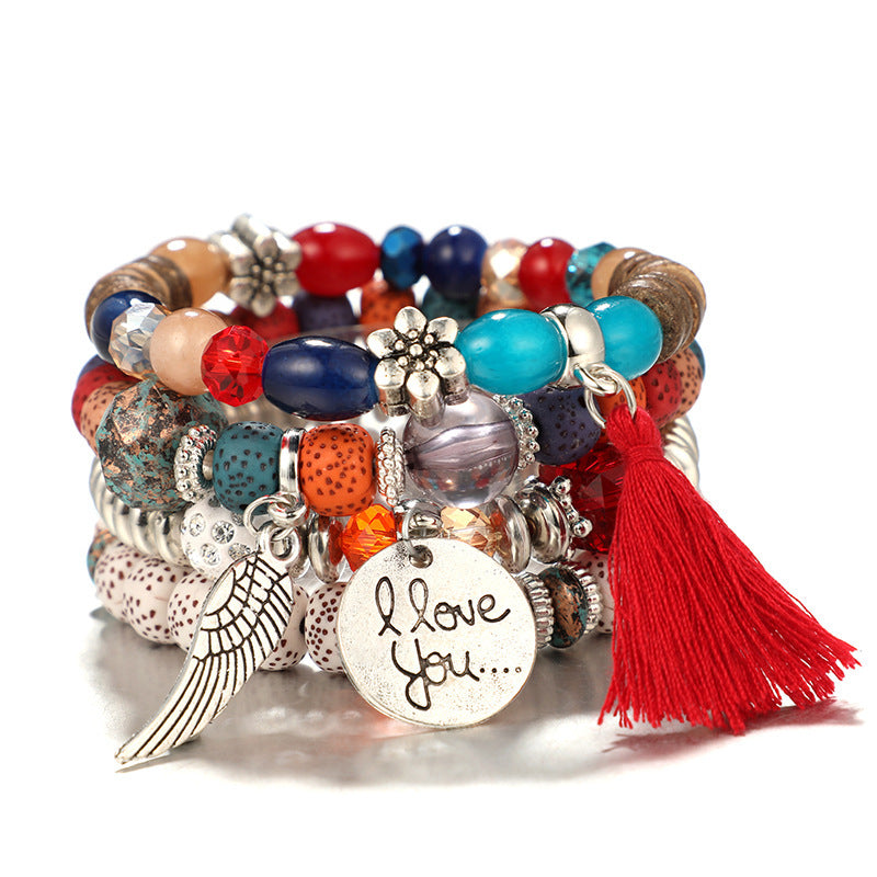 Ethnic Style Retro Wood Bead Bracelet, Flower Alloy Bodhi Leaf Tassel Bracelet, Women's Wood Bead Bracelet