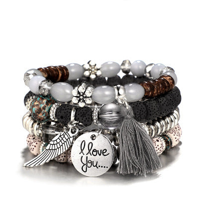 Ethnic Style Retro Wood Bead Bracelet, Flower Alloy Bodhi Leaf Tassel Bracelet, Women's Wood Bead Bracelet