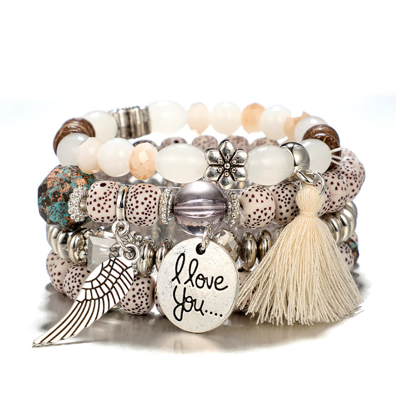 Ethnic Style Retro Wood Bead Bracelet, Flower Alloy Bodhi Leaf Tassel Bracelet, Women's Wood Bead Bracelet