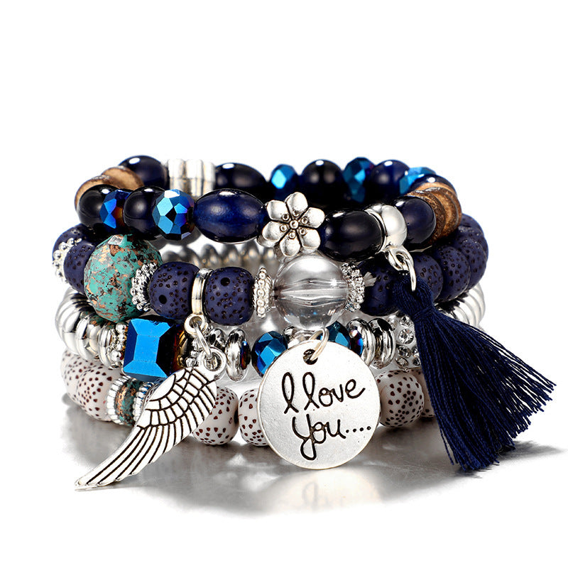 Ethnic Style Retro Wood Bead Bracelet, Flower Alloy Bodhi Leaf Tassel Bracelet, Women's Wood Bead Bracelet