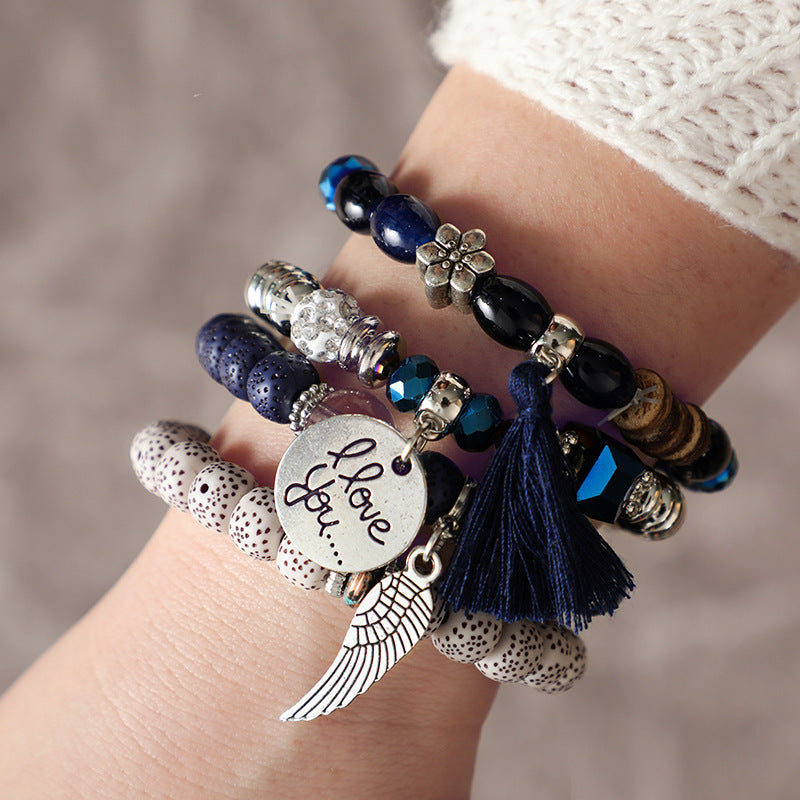 Ethnic Style Retro Wood Bead Bracelet, Flower Alloy Bodhi Leaf Tassel Bracelet, Women's Wood Bead Bracelet