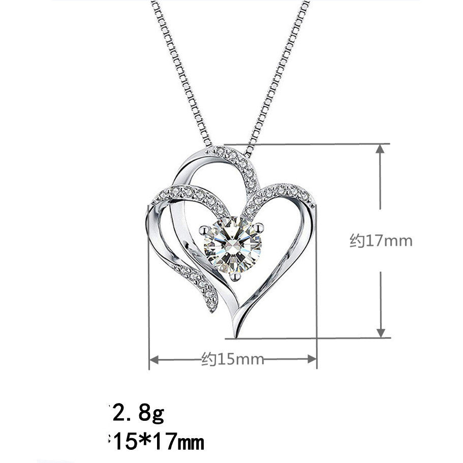 White Gold Double Heart Pendant Necklace Clavicle Pendant Diamond Heart Necklace