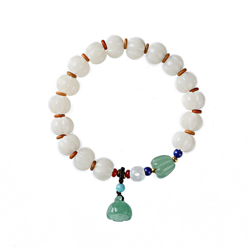 White Bodhi Root Carved Pumpkin Bead Jade Lotus Wenju Bracelet