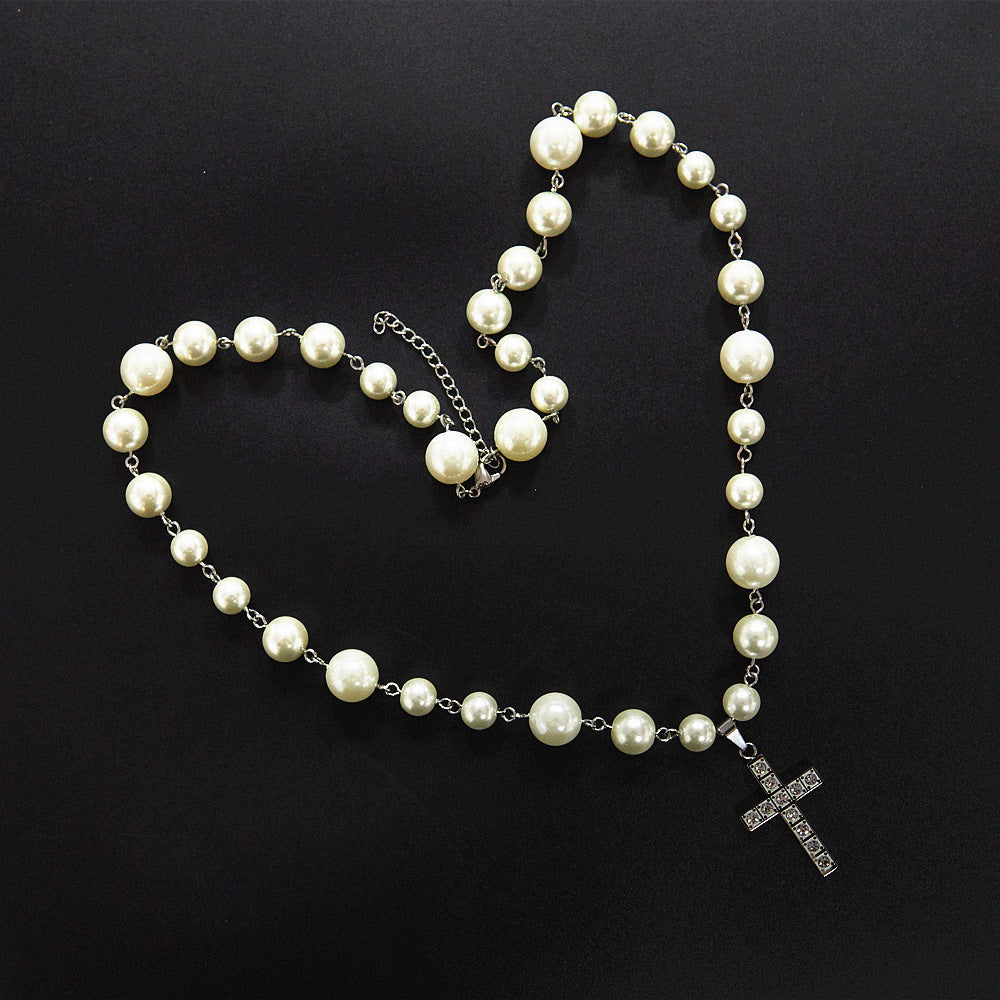 Titanium Steel Diamond Cross Pearl Necklace Adjustable Necklace