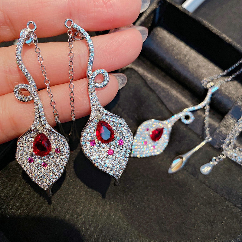 Lotus Pigeon Blood Red Zircon Tassel Earrings