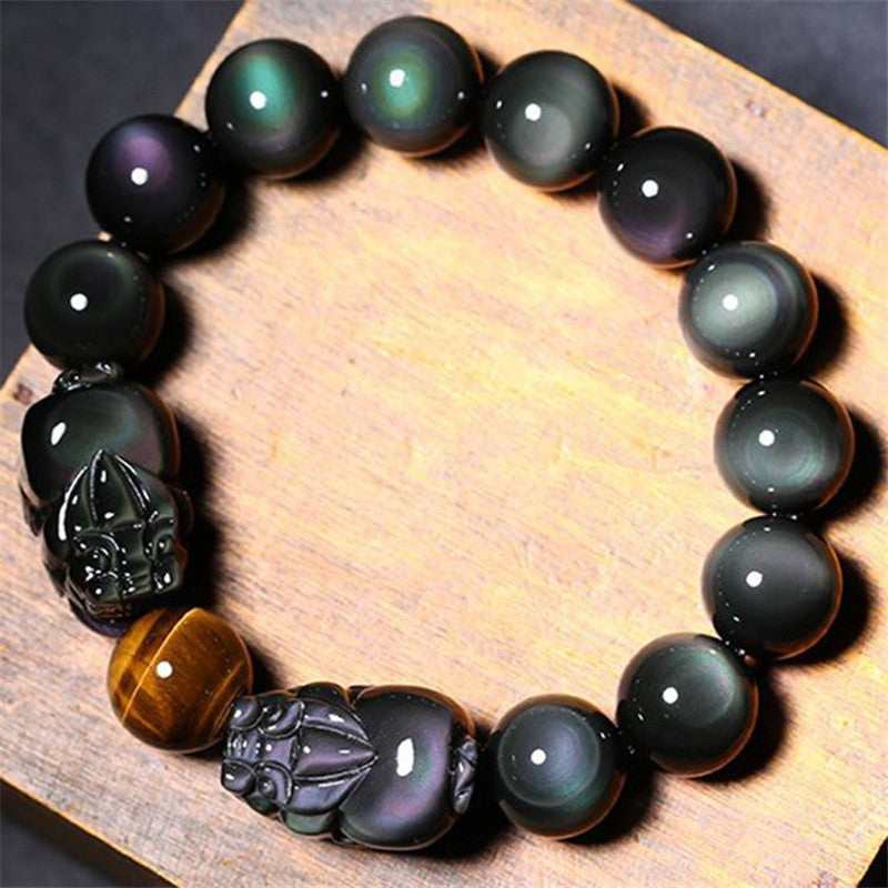 Natural Obsidian Pixiu Double Color Eye Bracelet Mythical Beast