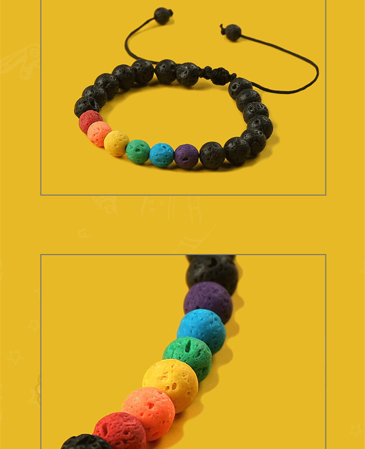 Six-color Rainbow Adjustable Beaded Volcanic Stone Bracelet
