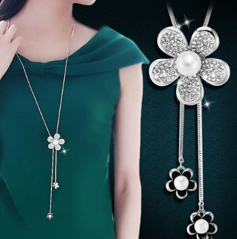 Korean fashion accessories, sweater chain, Crystal Snowflake Necklace, long necklace necklace, tassel sweater chain