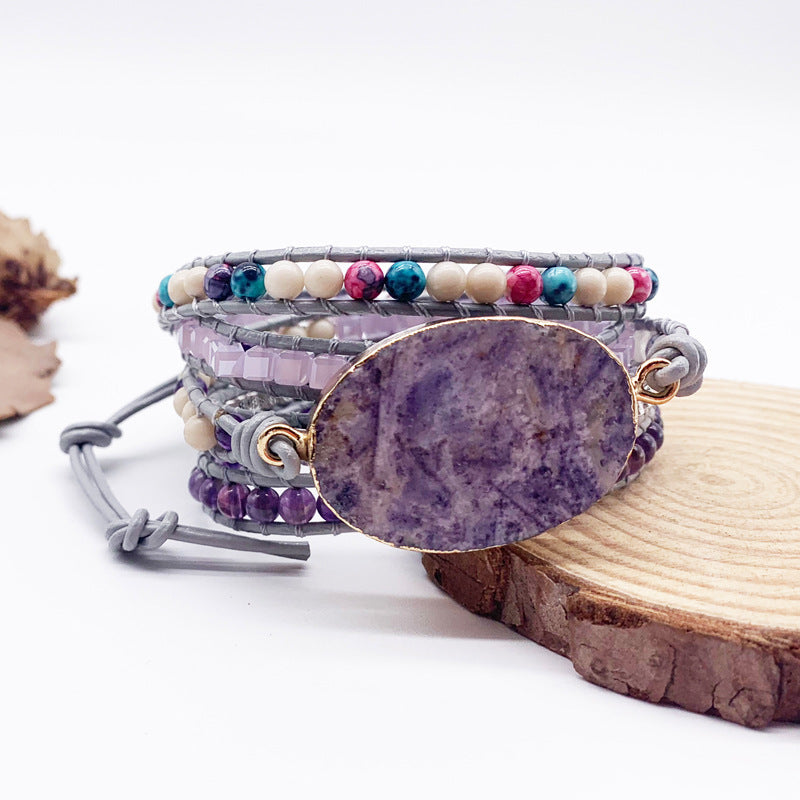 Bohemian Bracelet Purple Jade Bracelet Braided Leather Bracelet