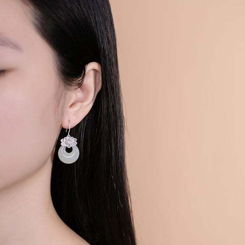 Silver Earrings Female Natural Hetian Jade Retro Personality Lotus