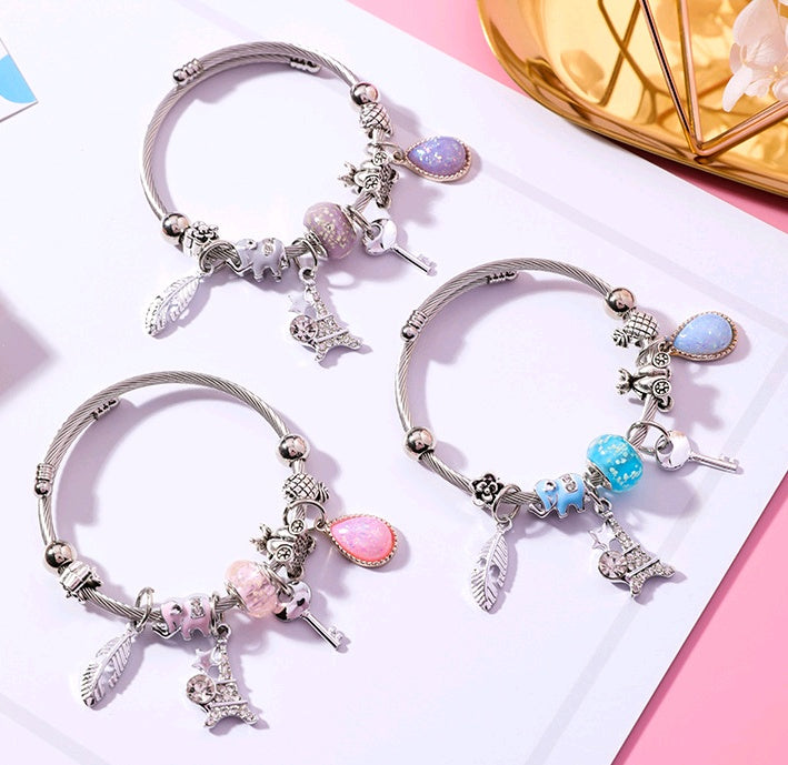 Feather Tower Adjustable Bracelet Crystal DIY Stainless Steel Bracelet National Wind Key Beaded Bracelet Women