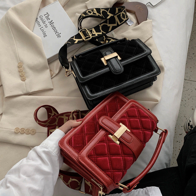 Velvet Wide Shoulder Strap Crossbody Small Square Bag