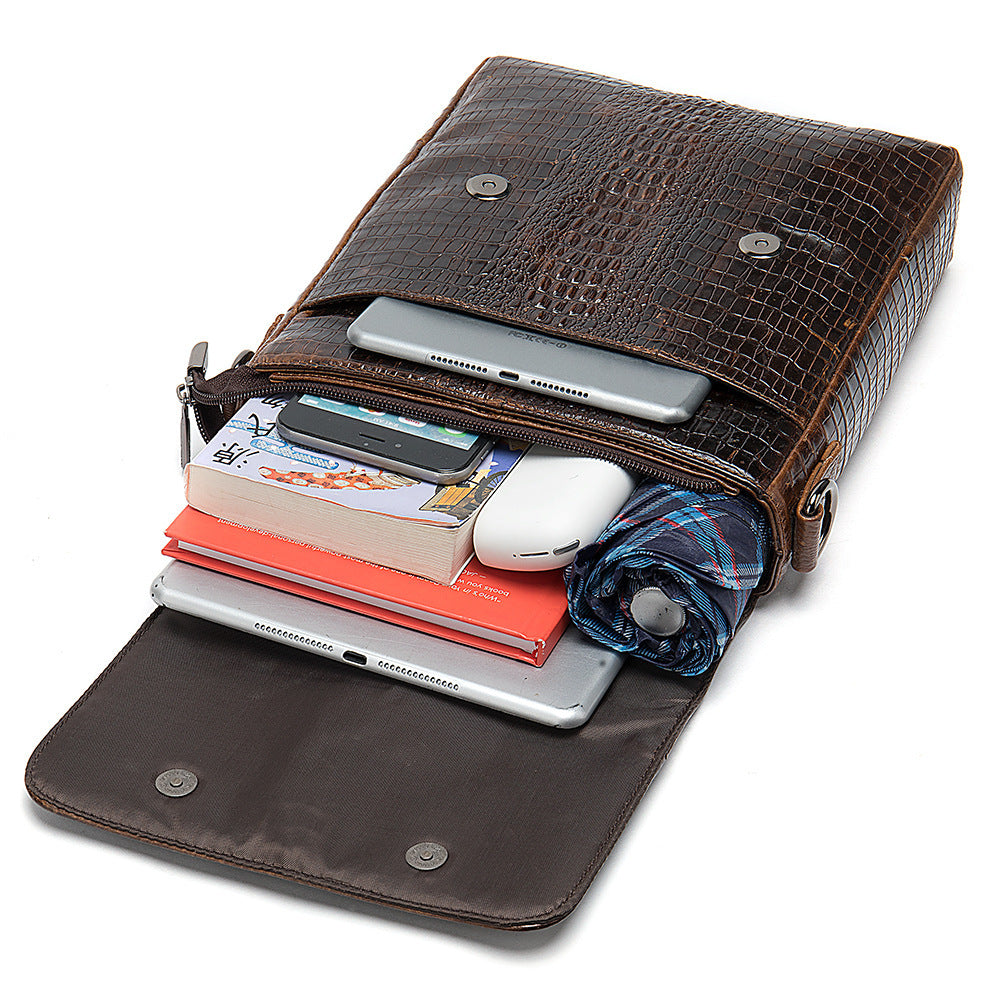 Top Layer Cowhide Vertical Men's Messenger Bag Fashion  Print Business Shoulder Bag