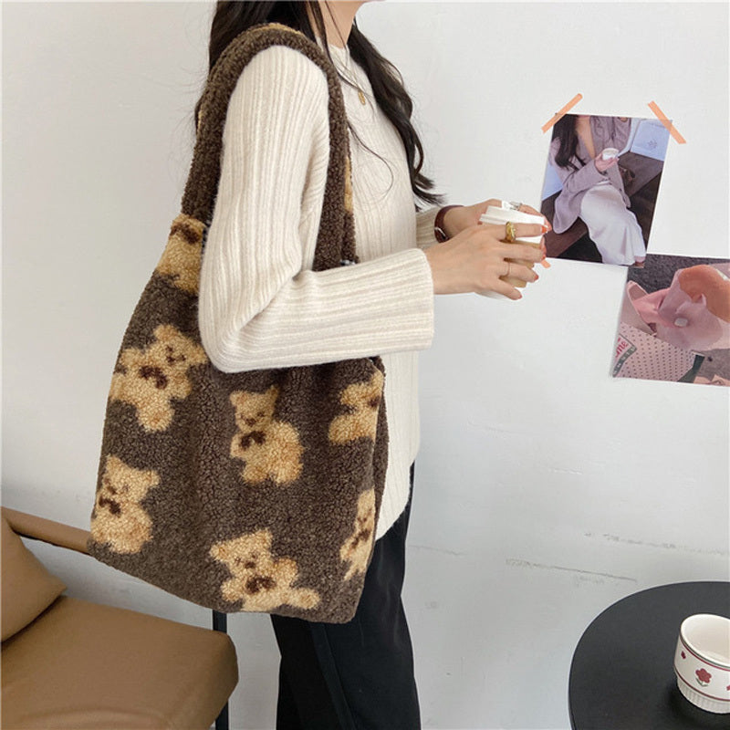 Cute Bear Print Bags Winter Lamb Shoulder Bag Women Shopping Handbags