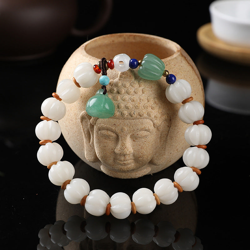 White Bodhi Root Carved Pumpkin Bead Jade Lotus Wenju Bracelet