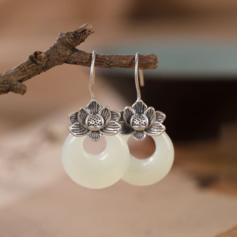Silver Earrings Female Natural Hetian Jade Retro Personality Lotus