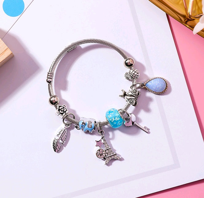 Feather Tower Adjustable Bracelet Crystal DIY Stainless Steel Bracelet National Wind Key Beaded Bracelet Women