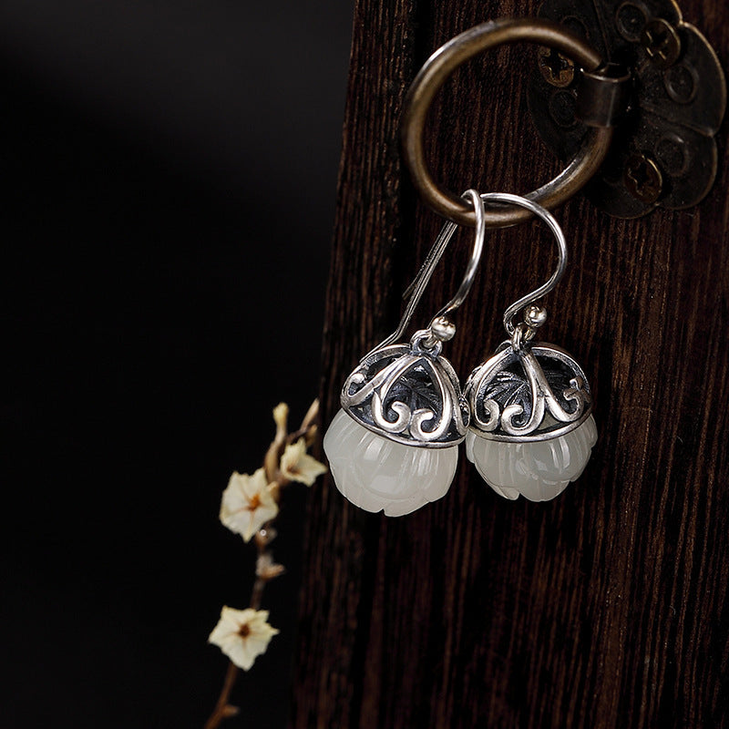 Sterling Silver Natural Hetian Jade Lotus Shape Earrings