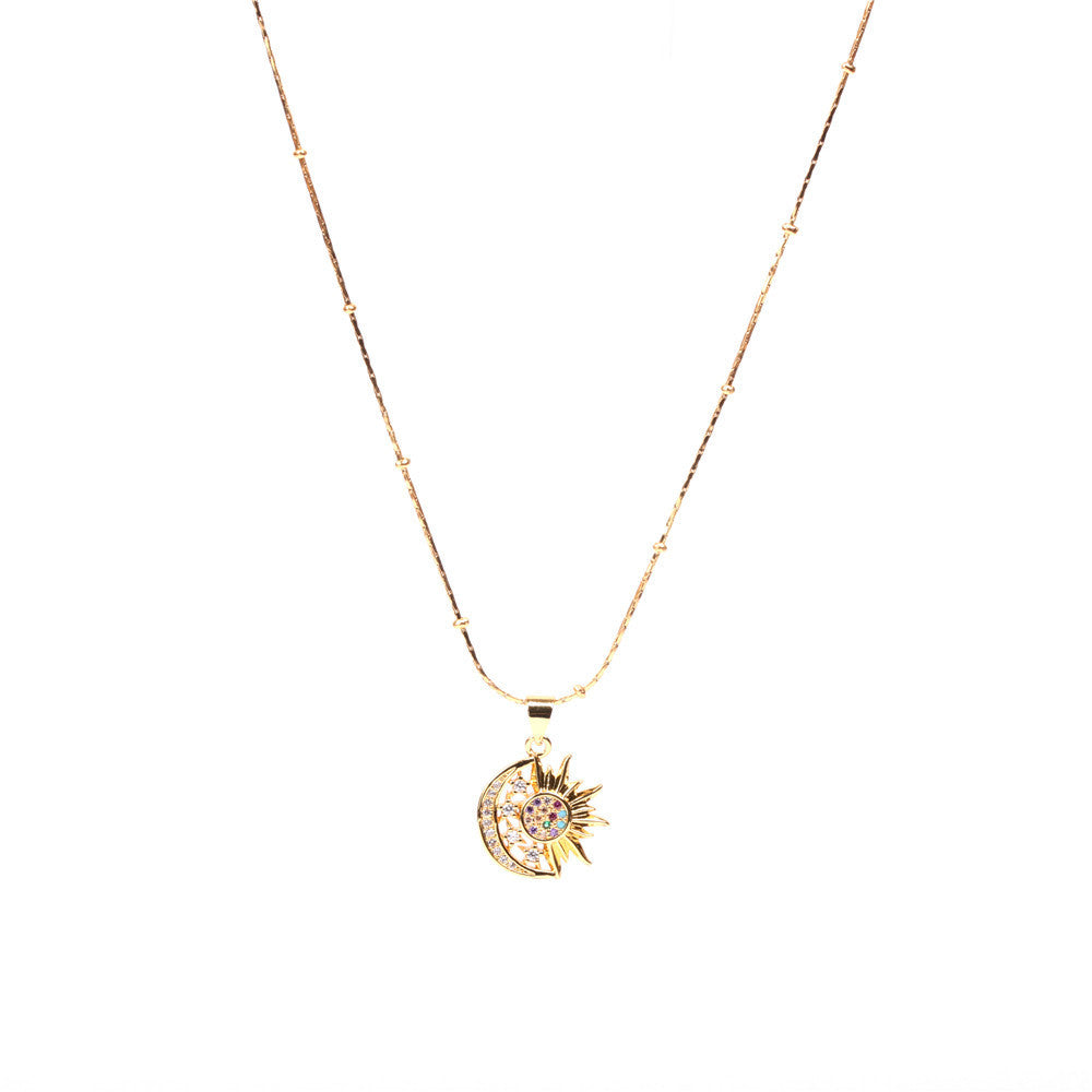 Micro Diamond Moon Sun Pendant Necklace