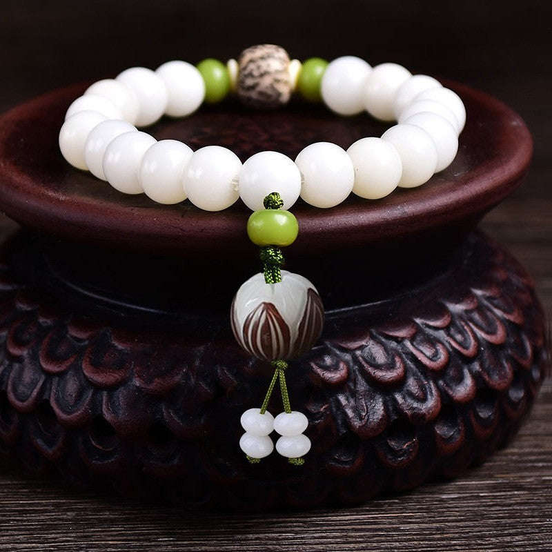 White Jade Bodhi Single Circle Bracelet Bodhi Root Buddhist Beads Hand String