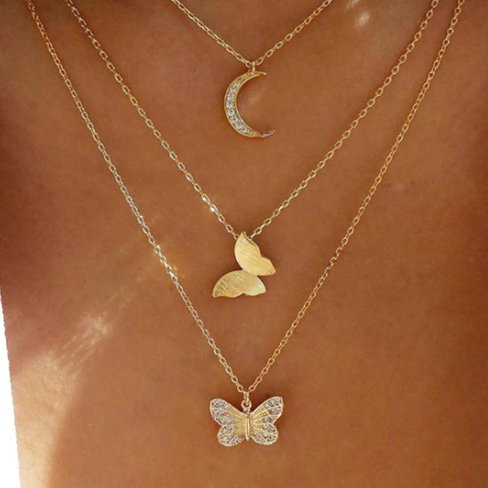 Butterfly Pendant Necklace Moon Multilayer Necklace Lady