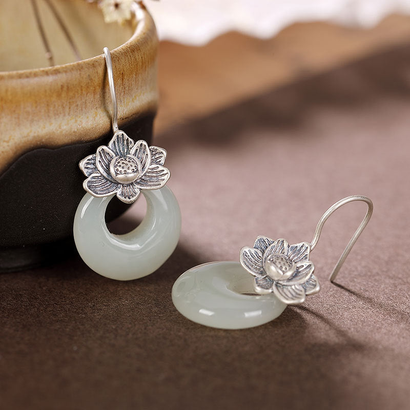 Silver Earrings Female Natural Hetian Jade Retro Personality Lotus