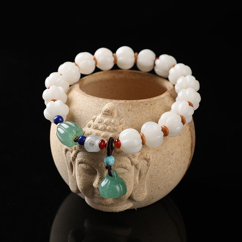 White Bodhi Root Carved Pumpkin Bead Jade Lotus Wenju Bracelet
