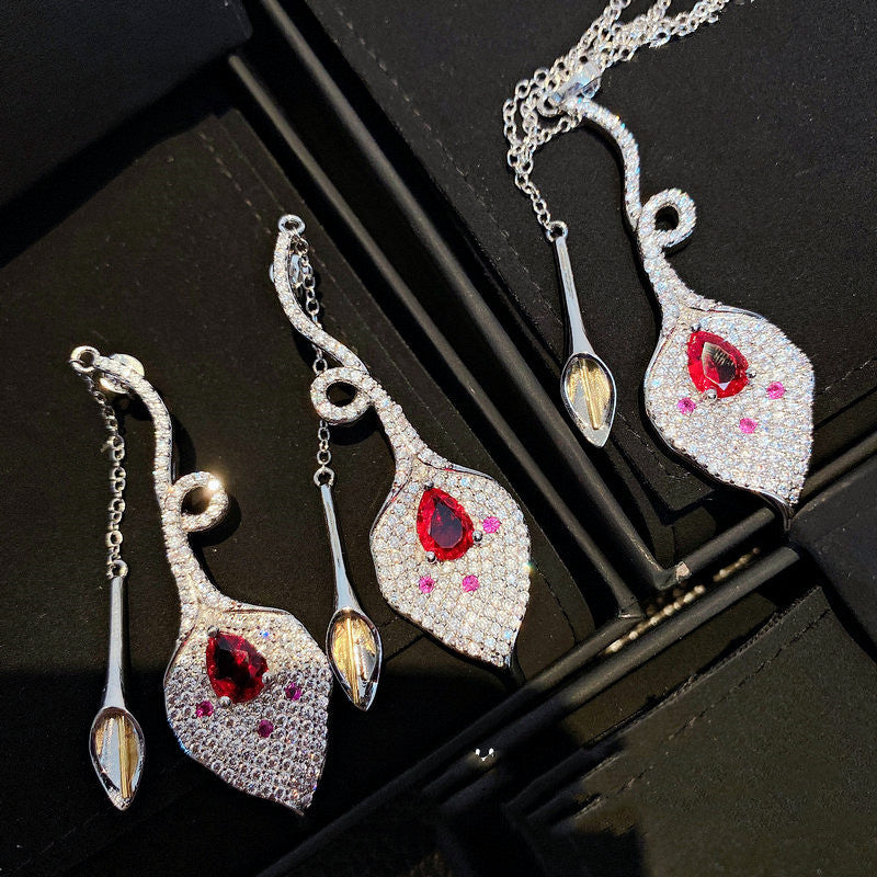 Lotus Pigeon Blood Red Zircon Tassel Earrings