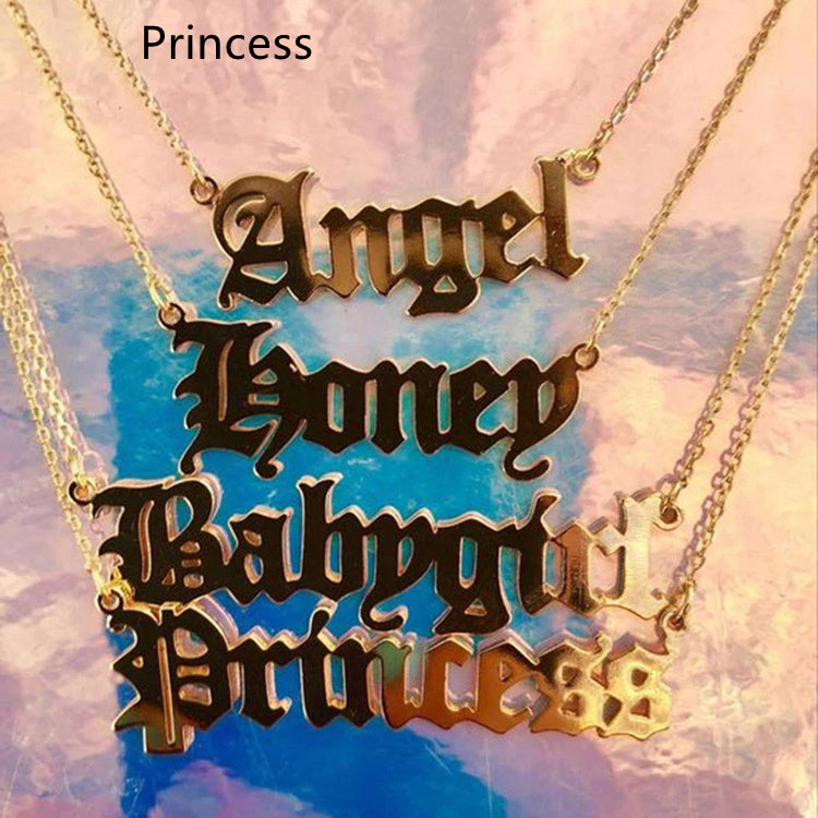 Old English Alphabet Angel Babygirl Princess Necklace