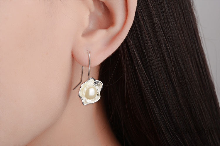 Ladies Silver Pearl Lotus Earrings