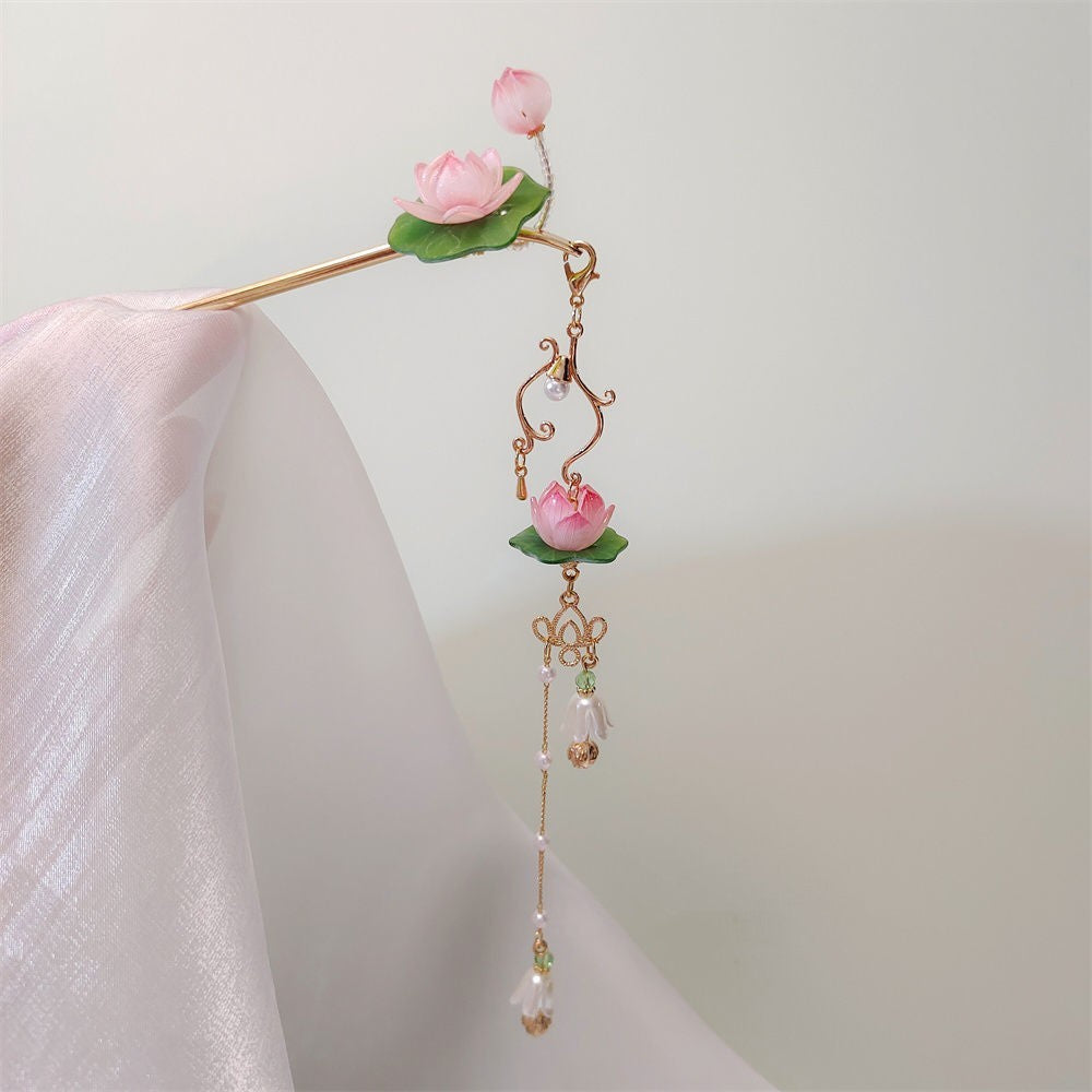 Fashion Antique Tassel Lotus Hairpin Earrings
