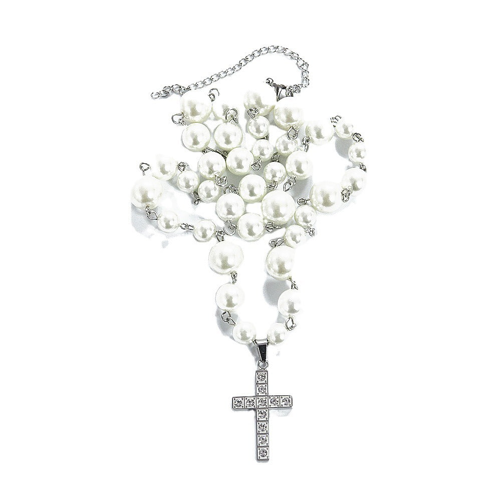 Titanium Steel Diamond Cross Pearl Necklace Adjustable Necklace