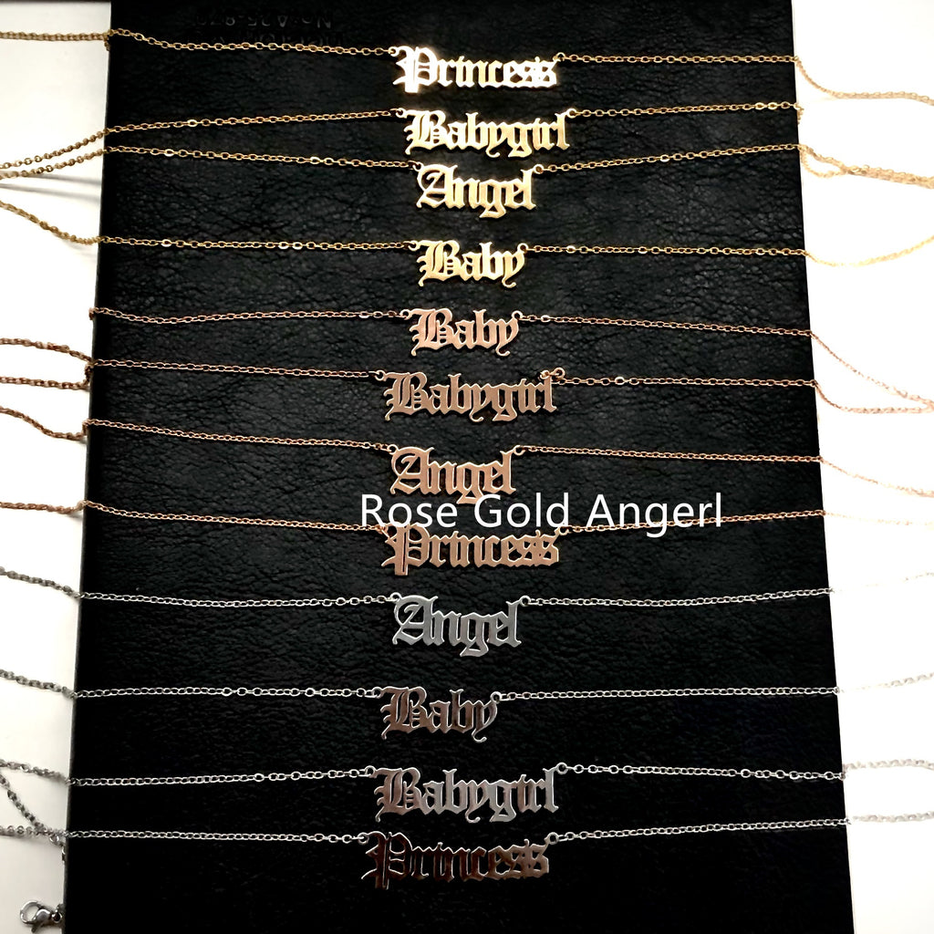 Old English Alphabet Angel Babygirl Princess Necklace