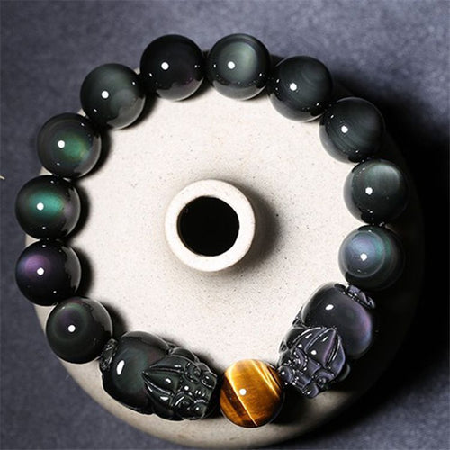 Natural Obsidian Pixiu Double Color Eye Bracelet Mythical Beast