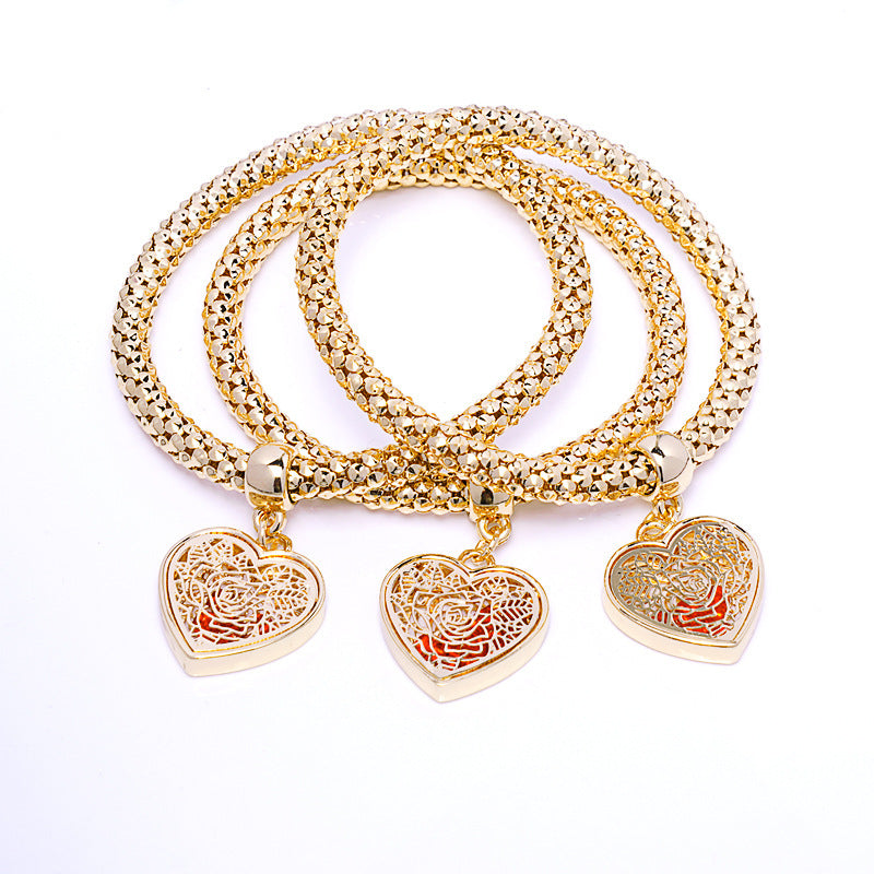Three-color Corn Chain Rose Peach Heart Bracelet