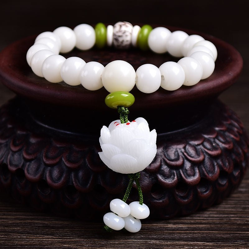 White Jade Bodhi Single Circle Bracelet Bodhi Root Buddhist Beads Hand String