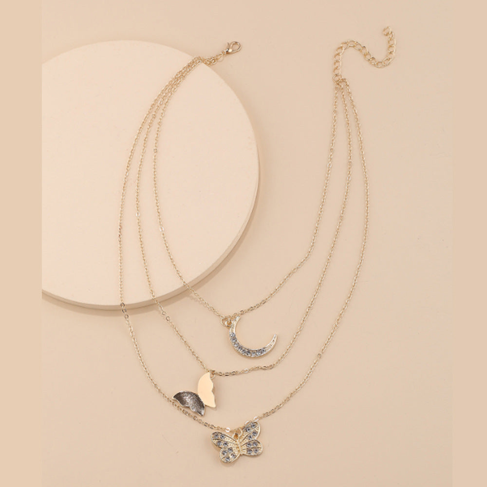 Butterfly Pendant Necklace Moon Multilayer Necklace Lady