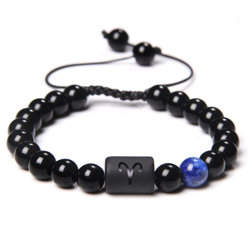 Twelve Constellation Black Glossy Bead Woven Bracelet