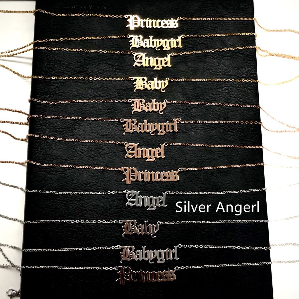 Old English Alphabet Angel Babygirl Princess Necklace