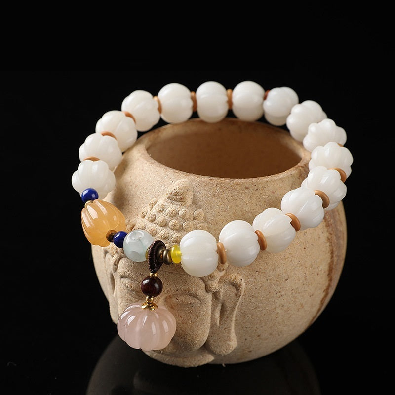 White Bodhi Root Carved Pumpkin Bead Jade Lotus Wenju Bracelet
